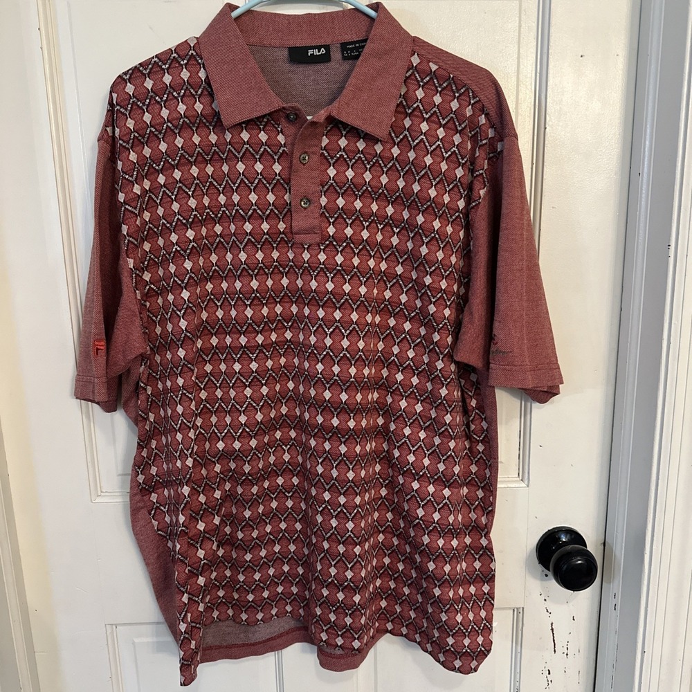 FILA Red Geometric Pattern 100% MERCERIZED-COTTON‎ Polo Size Large RARE